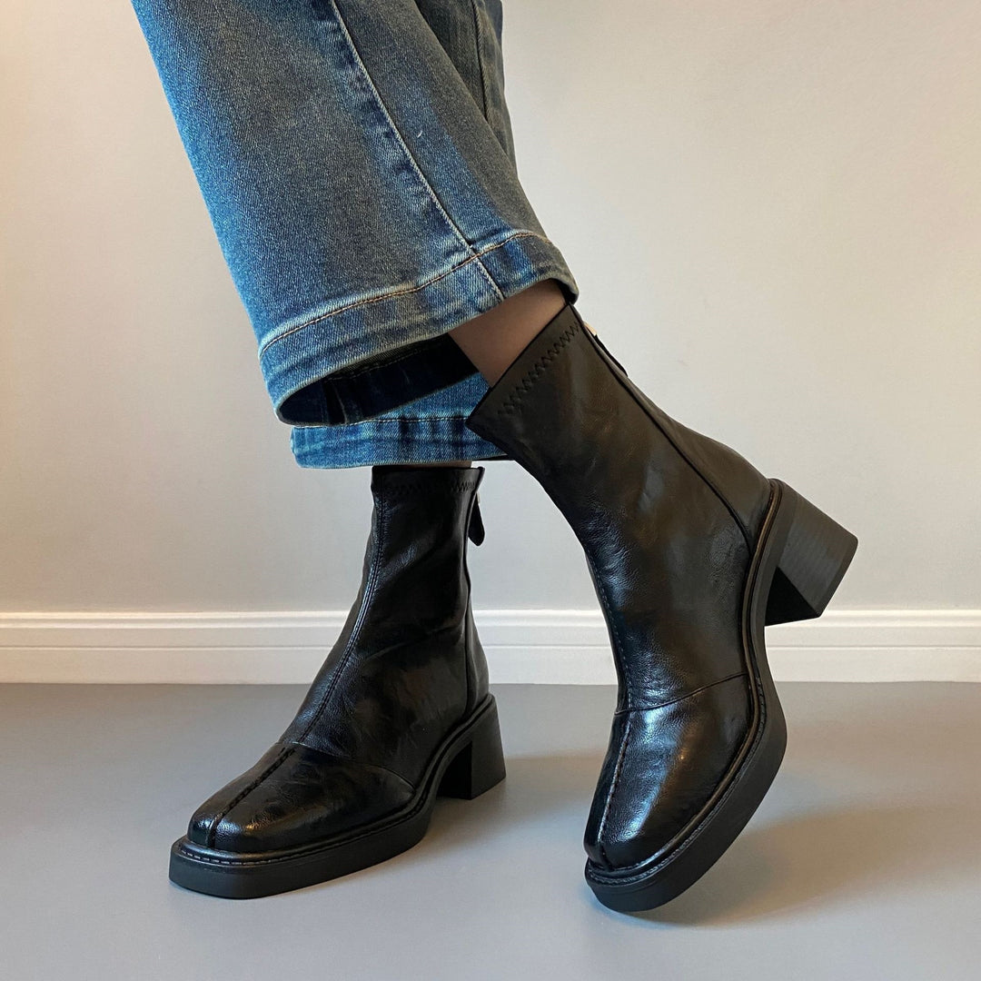 Damen knöchelhohe Lederstiefelette mit quadratischer Zehenpartie und rückseitigem Reißverschluss Nord Taschen