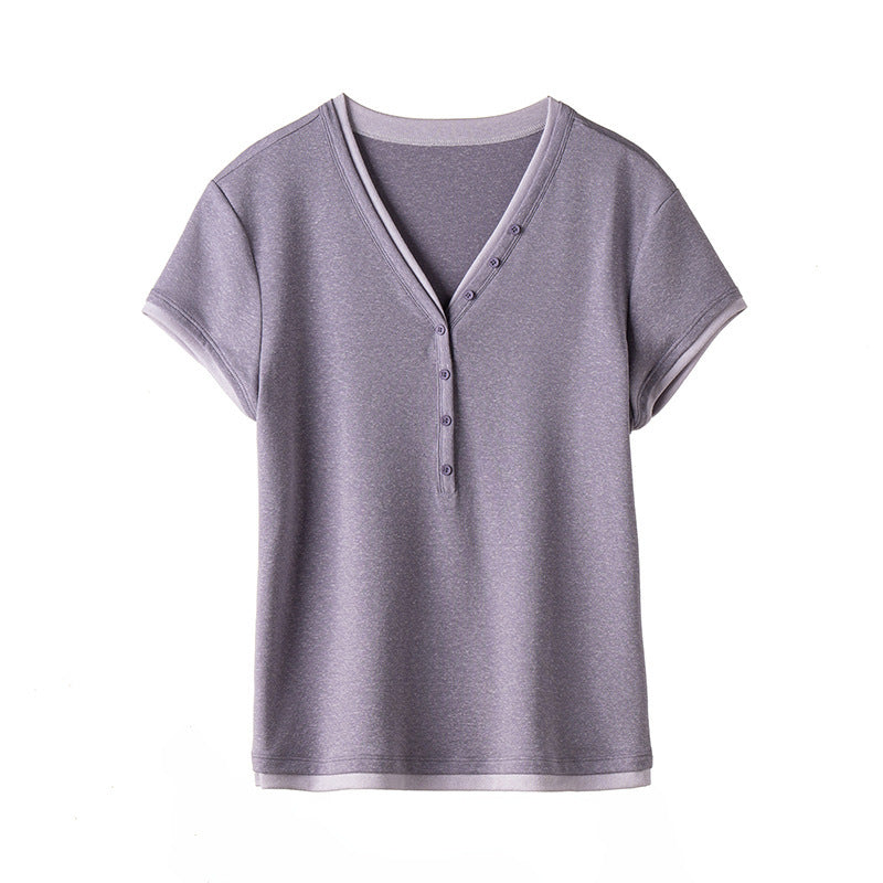 Damen Kurzärmeliges V-Ausschnitt-Henley-Shirt aus Stretch-Jersey mit feiner Knopfleiste Nord Taschen