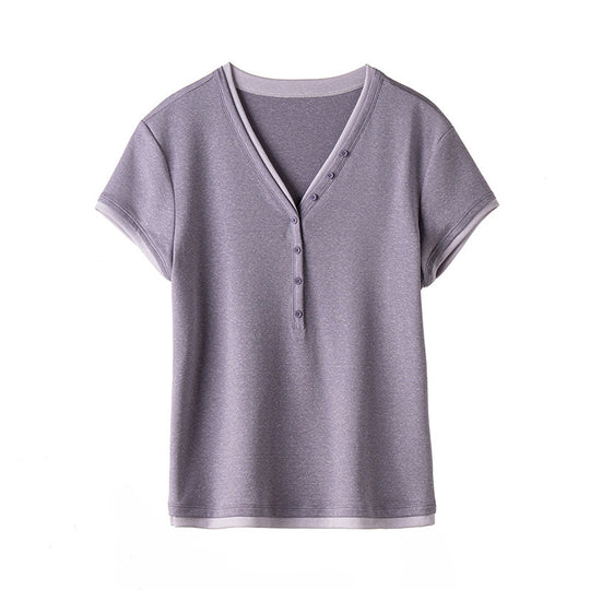 Damen Kurzärmeliges V-Ausschnitt-Henley-Shirt aus Stretch-Jersey mit feiner Knopfleiste Nord Taschen