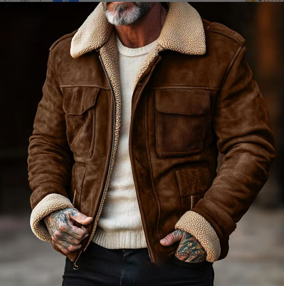 Herren Fliegerjacke aus Veloursleder mit Teddyfutter und aufgesetzten Pattentaschen Nord Taschen