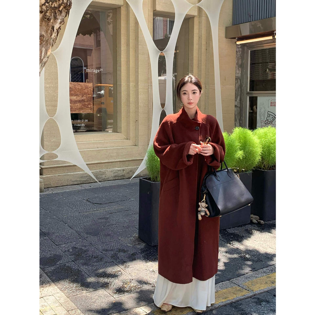 Damen Oversized Wollmantel mit Stehkragen und Ein-Knopf-Verschluss Nord Taschen