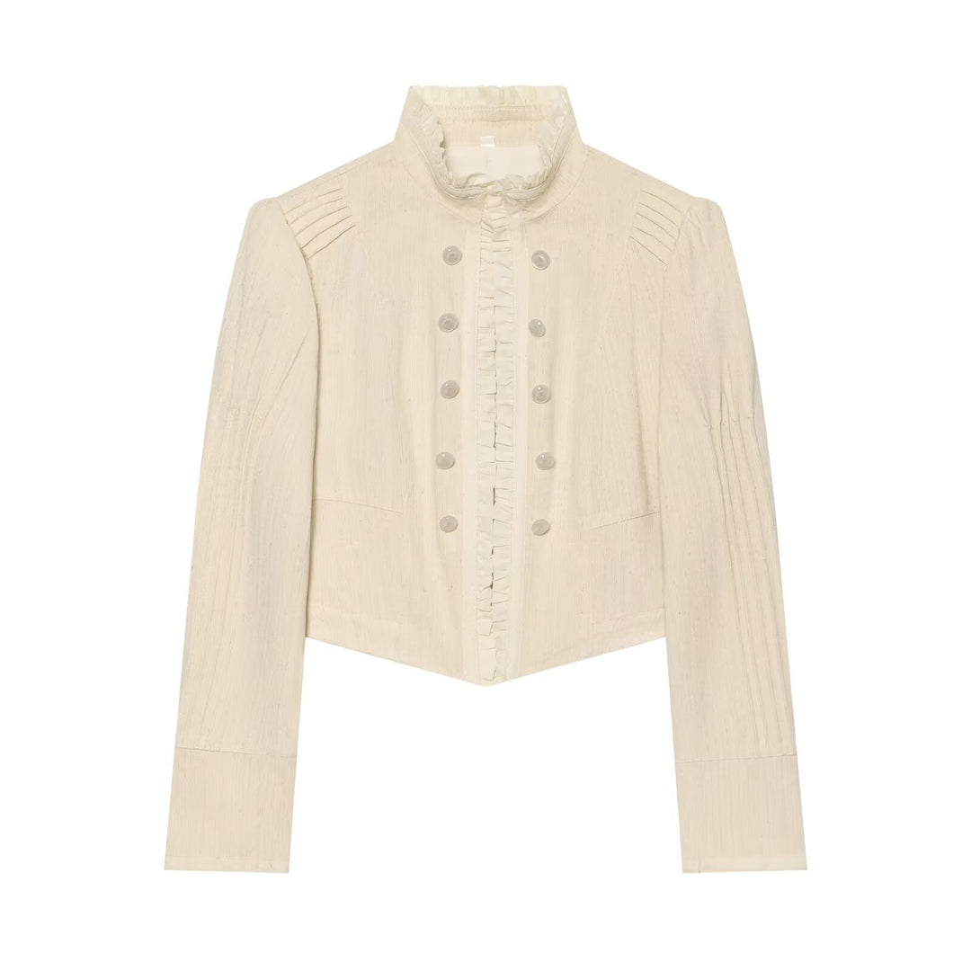 Damen Cropped Jacke mit Stehkragen, Rüschenblende und doppelreihiger Zierknopfleiste Nord Taschen