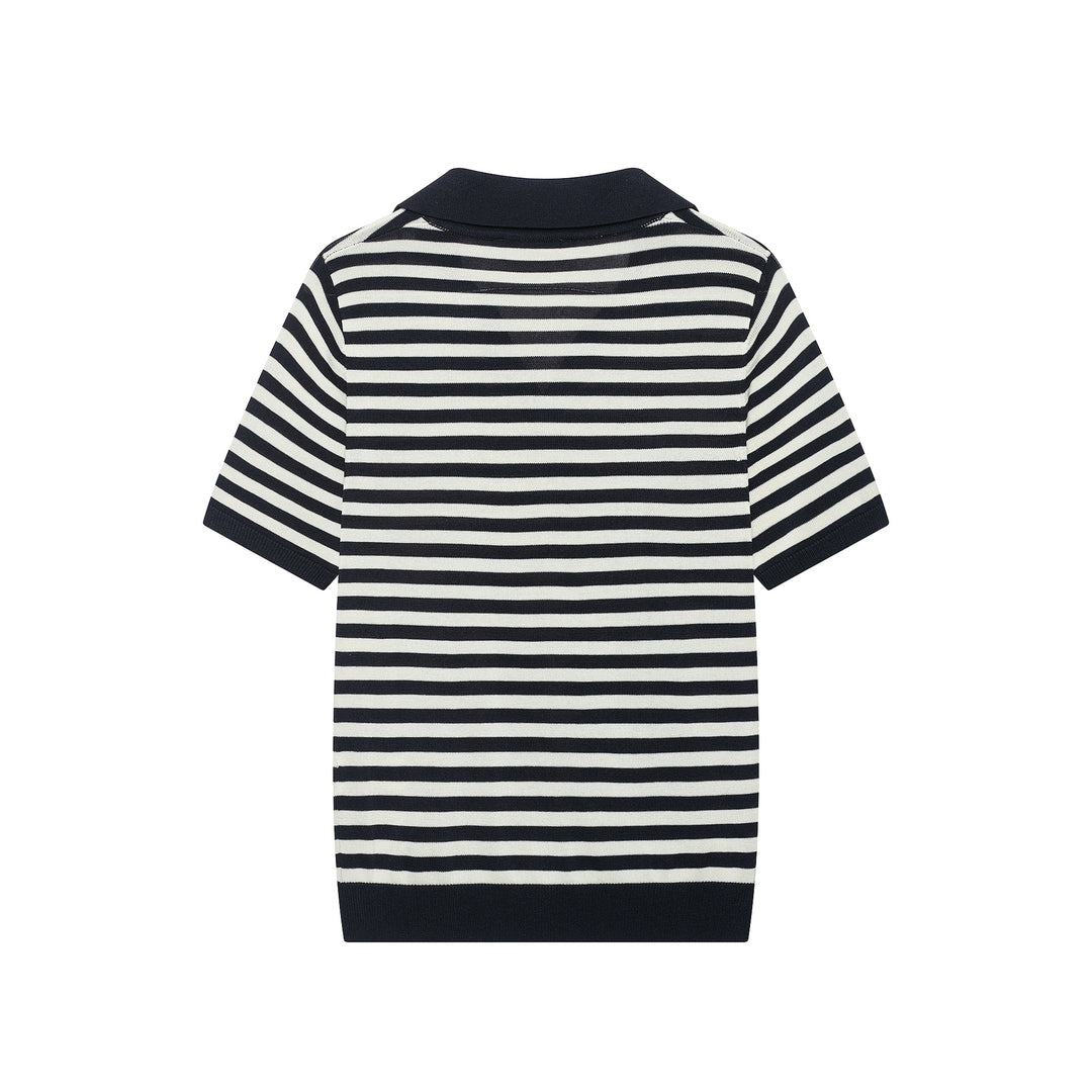 Damen Gestreiftes Poloshirt-Strick mit V‑Ausschnitt, Kurzarm und Rippkragen Nord Taschen
