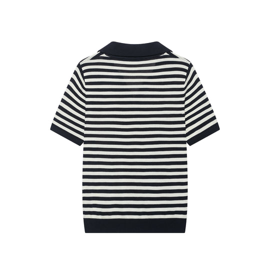 Damen Gestreiftes Poloshirt-Strick mit V‑Ausschnitt, Kurzarm und Rippkragen Nord Taschen