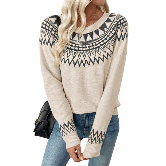 Damen Feinstrick-Pullover mit Jacquard-Rundpasse und dezenten Ajourdetails Nord Taschen
