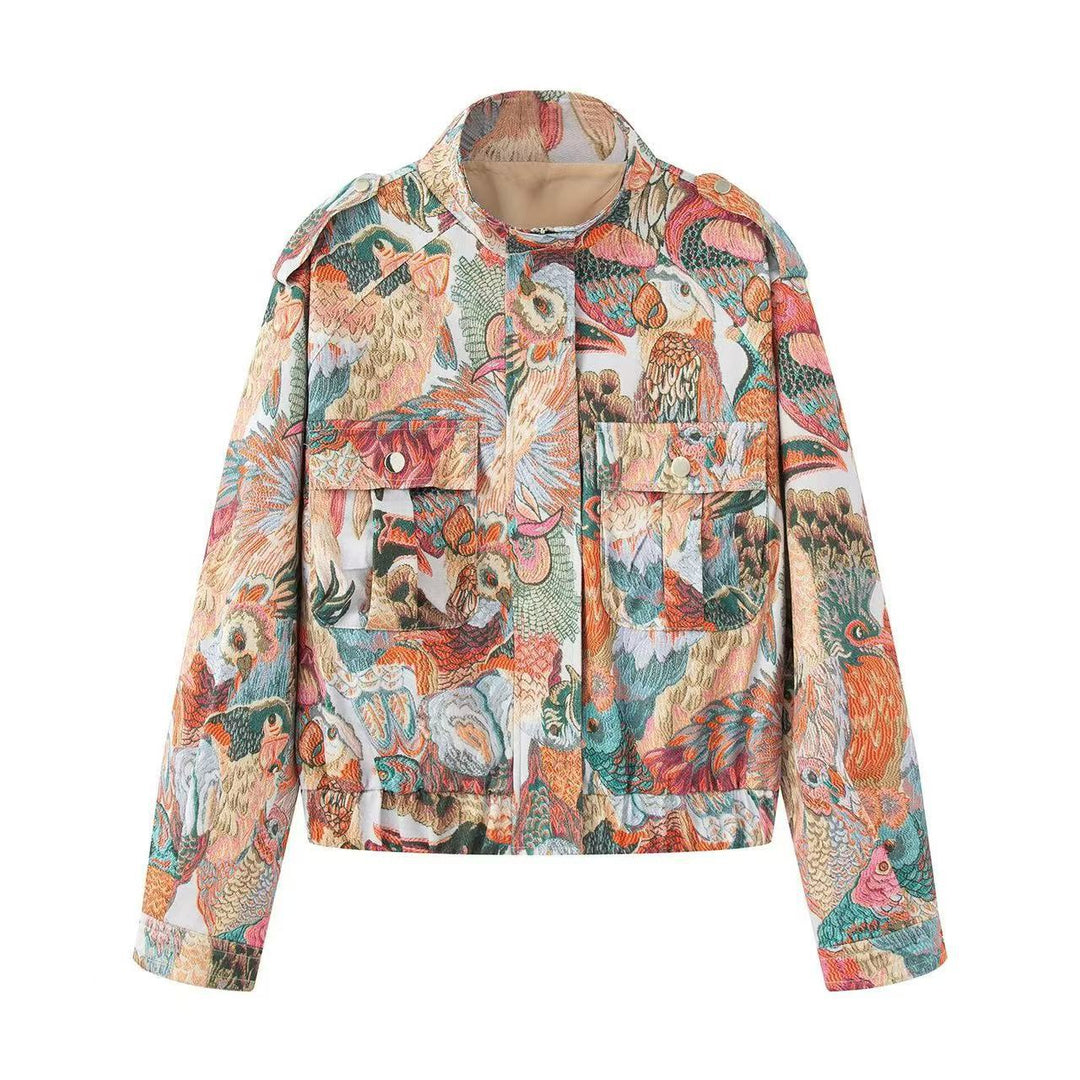 Damen Kurze Bouclé-Tapestry-Jacke mit ornamentalem Vogelprint, Pattentaschen und Stehkragen Nord Taschen