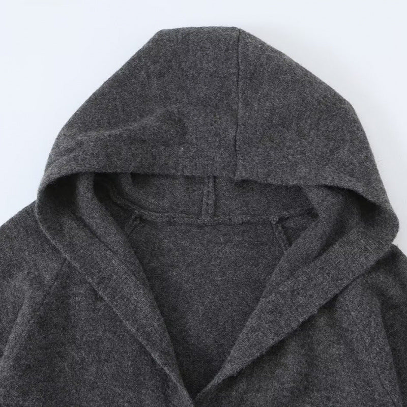 Damen Langer Kapuzen-Cardigan aus Feinstrick mit Knopfleiste und Rippbündchen Nord Taschen
