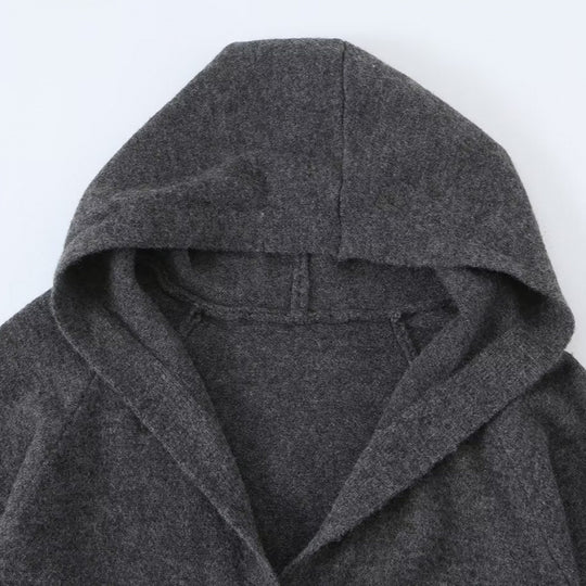 Damen Langer Kapuzen-Cardigan aus Feinstrick mit Knopfleiste und Rippbündchen Nord Taschen