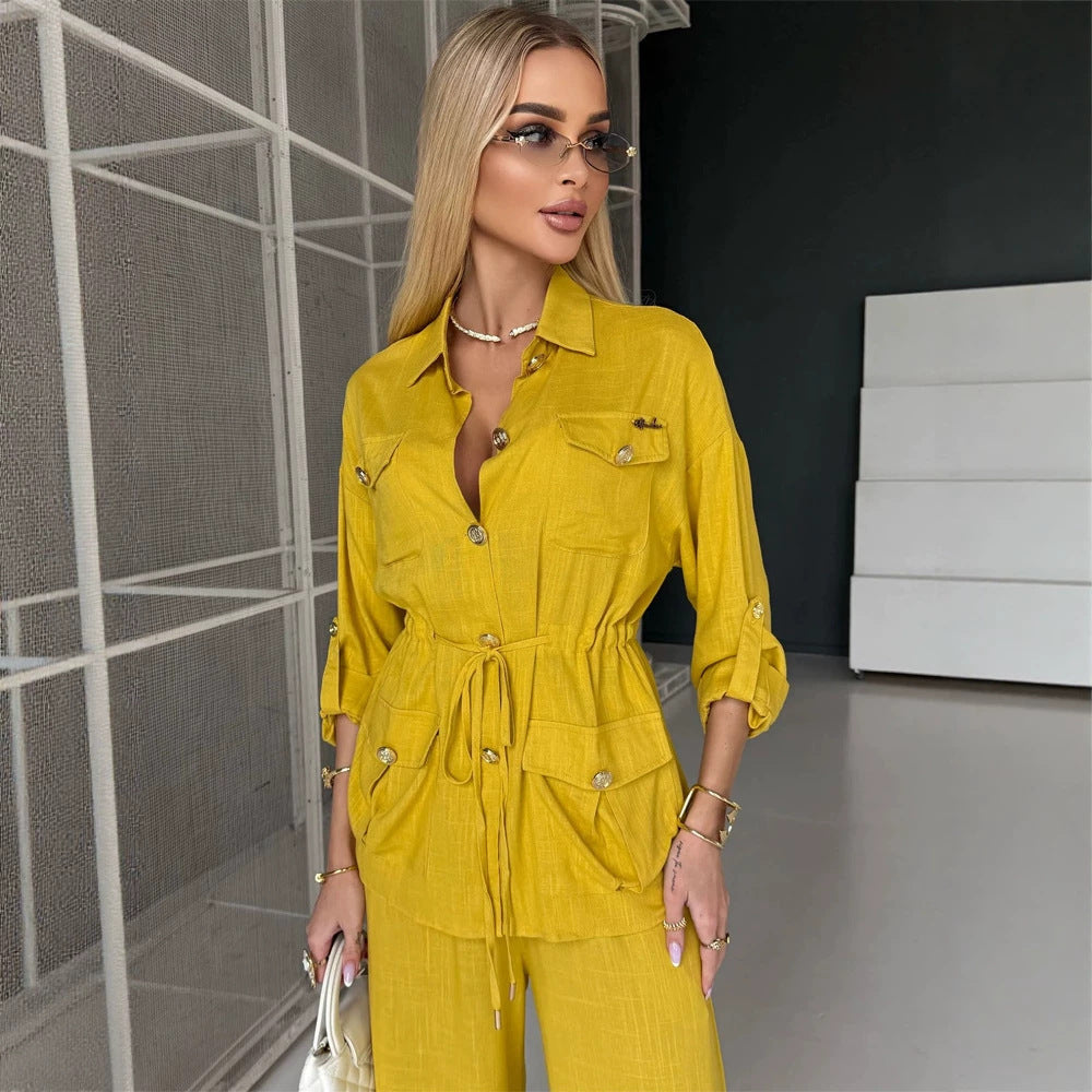 Damen Leinenoptik Utility-Hemdjacke mit Tunnelzugtaillierung und goldenen Zierknöpfen Nord Taschen