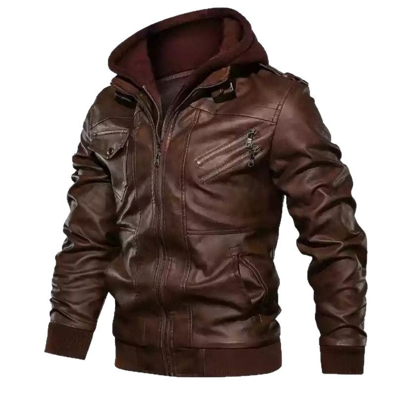 Herren Kapuzen-Lederjacke im Biker-Stil mit Stehkragen, Rippbündchen und multiplen Reißverschlusstaschen Nord Taschen