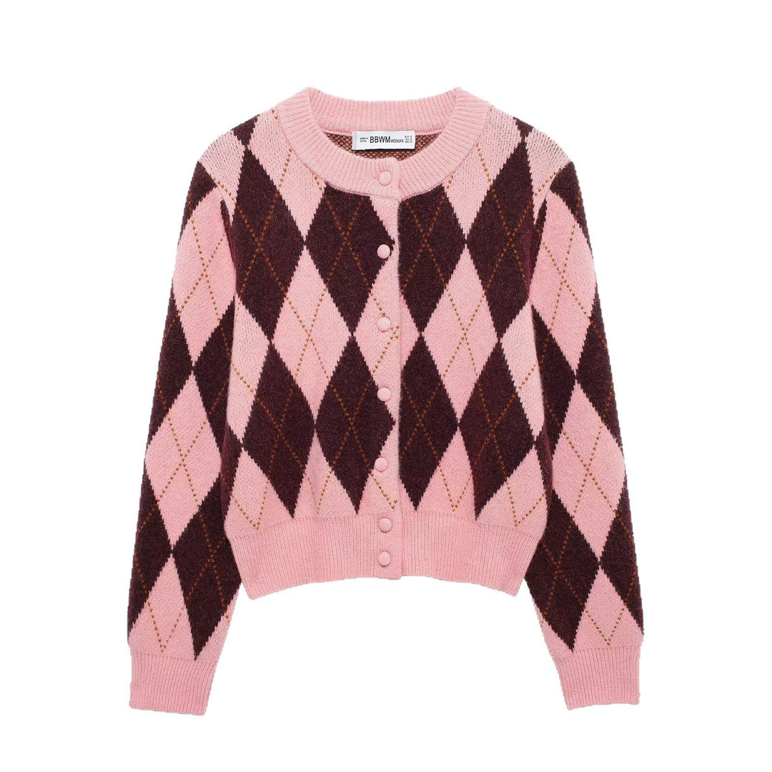 Damen Kurze Rauten‑Argyle‑Strickjacke mit Rundhals und stoffbezogenen Knöpfen Nord Taschen