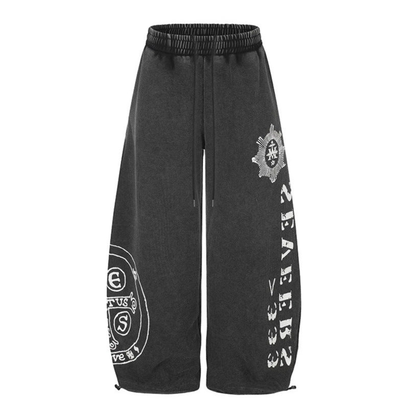 Damen Weite Mid‑Calf Palazzo‑Sweathose mit verstellbarem Saum, Tunnelzugbund und Statement‑Print Nord Taschen
