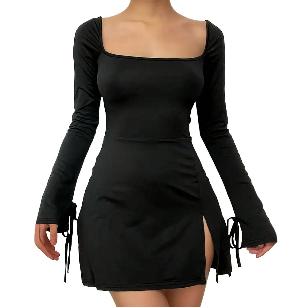 Damen figurbetontes Minikleid mit quadratischem Ausschnitt langen Ärmeln Bindbändern an den Ärmelabschlüssen und seitlichem Schlitz Nord Taschen