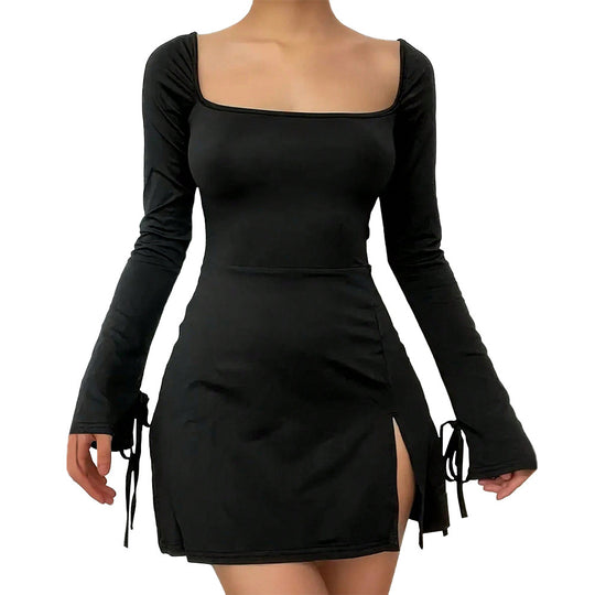 Damen figurbetontes Minikleid mit quadratischem Ausschnitt langen Ärmeln Bindbändern an den Ärmelabschlüssen und seitlichem Schlitz Nord Taschen