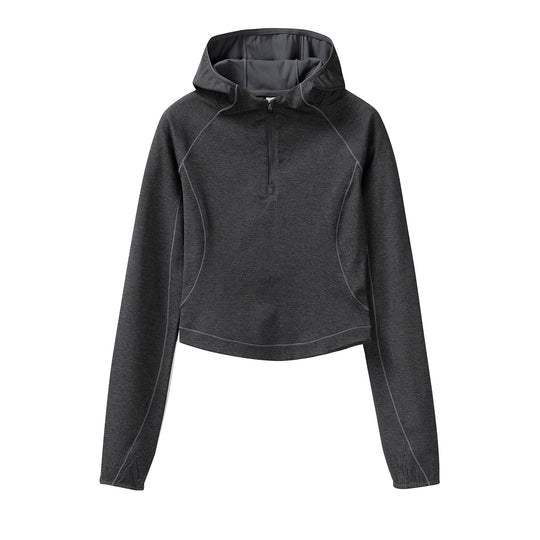 Damen Gekürzter Technical-Hoodie mit Halbzip, Kapuze und Daumenlöchern Nord Taschen