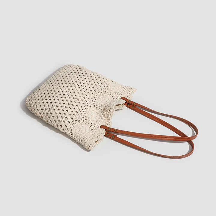 Damen Stricktasche mit elegantem Kunstledergriff und dekorativem Häkeldesign Nord Taschen