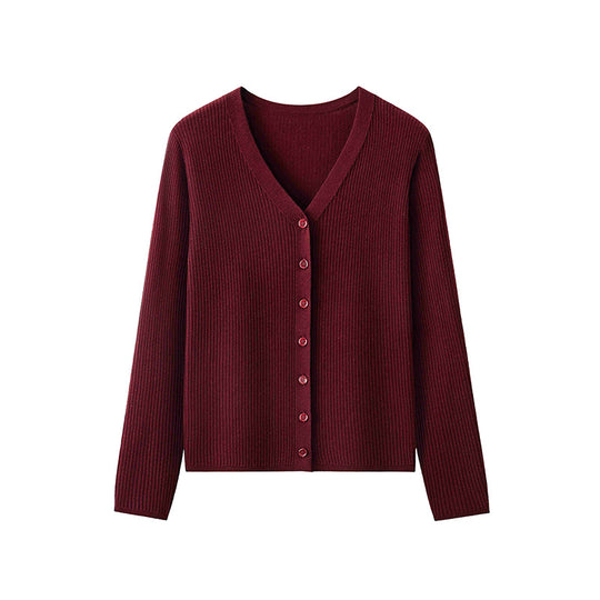Damen Klassischer Feiner Rippen-Cardigan mit tiefem V-Ausschnitt und schmaler Silhouette Nord Taschen