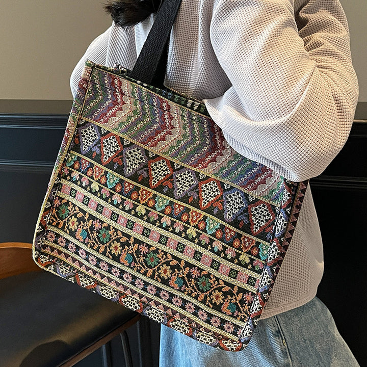 Damen Trendige Jute-Tasche mit buntem Ethnomuster Nord Taschen