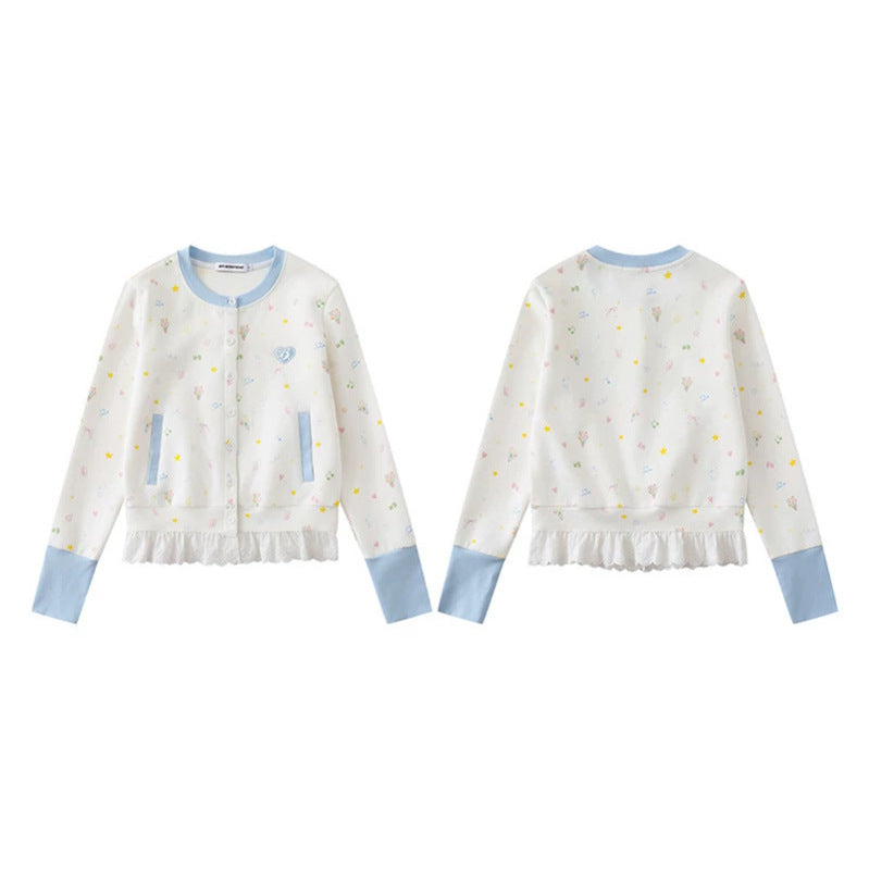 Damen Knopfleisten-Cardigan mit Spitzenvolant, pastelligem Allover-Print und Kontrastbündchen Nord Taschen