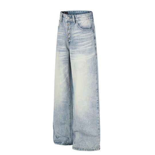 Damen High‑Waist weite Denim‑Palazzo‑Jeans mit Knopfleiste und Used‑Waschung Nord Taschen