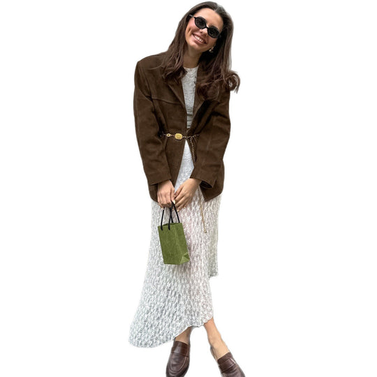 Damen Oversized Veloursleder-Blazer mit Revers und Pattentaschen Nord Taschen