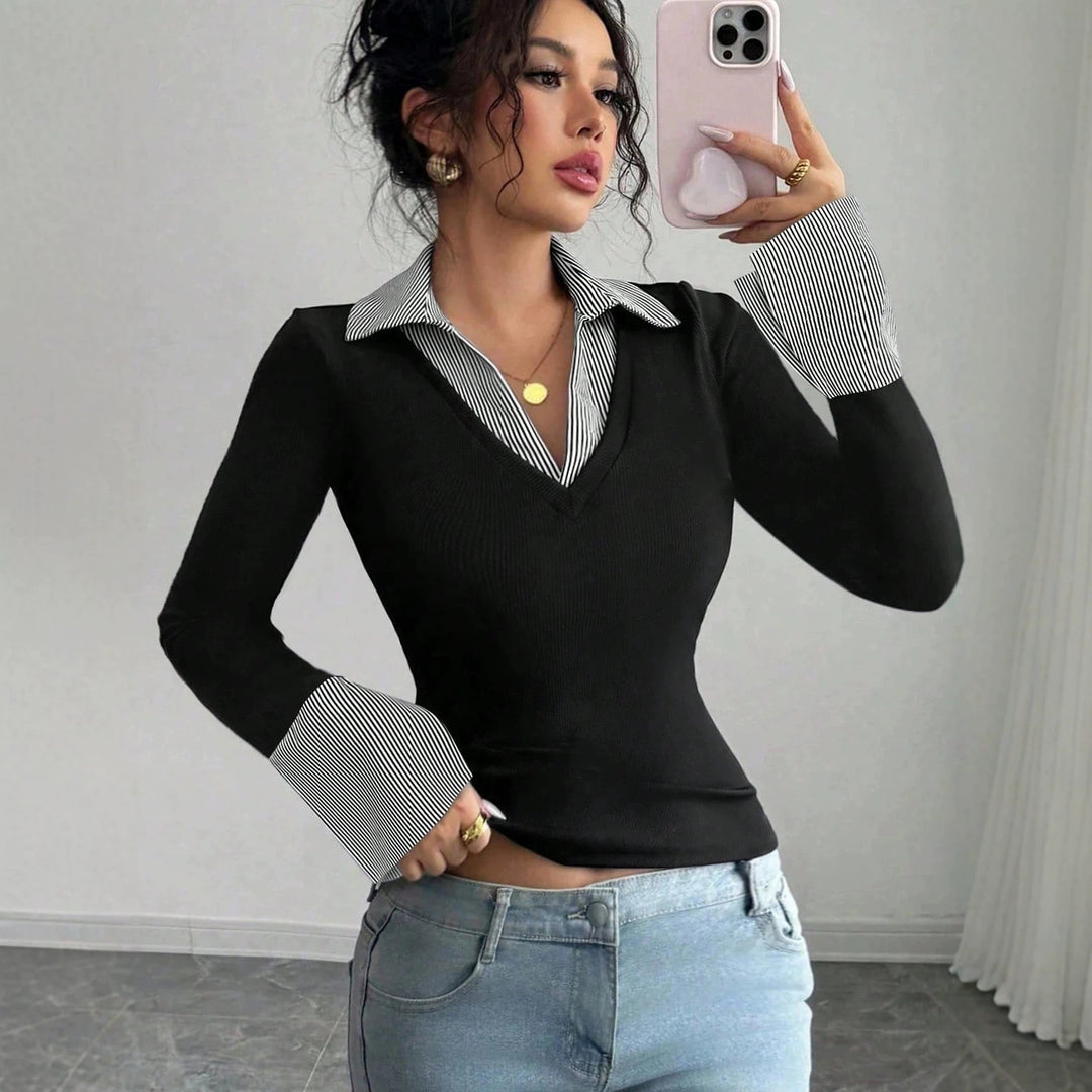 Damen Feinstrick-Pullover mit integriertem Hemdkragen und gestreiften Manschetten Nord Taschen