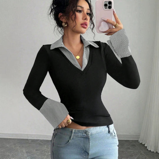 Damen Feinstrick-Pullover mit integriertem Hemdkragen und gestreiften Manschetten Nord Taschen