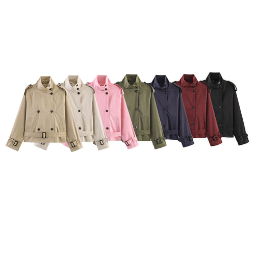 Damen 20+ kurzer Doppelreiher Trenchblouson im Boxy‑Cut mit Stehkragen Schulterklappen und verstellbarem Taillengürtel Nord Taschen