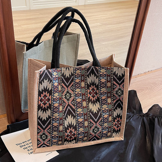 Damen Jute-Tragetasche mit kunstvollem Ethno-Muster Nord Taschen