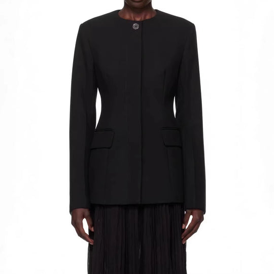 Damen taillierter Einreiher-Blazer mit Rundhalsausschnitt, verdeckter Knopfleiste und Pattentaschen Nord Taschen