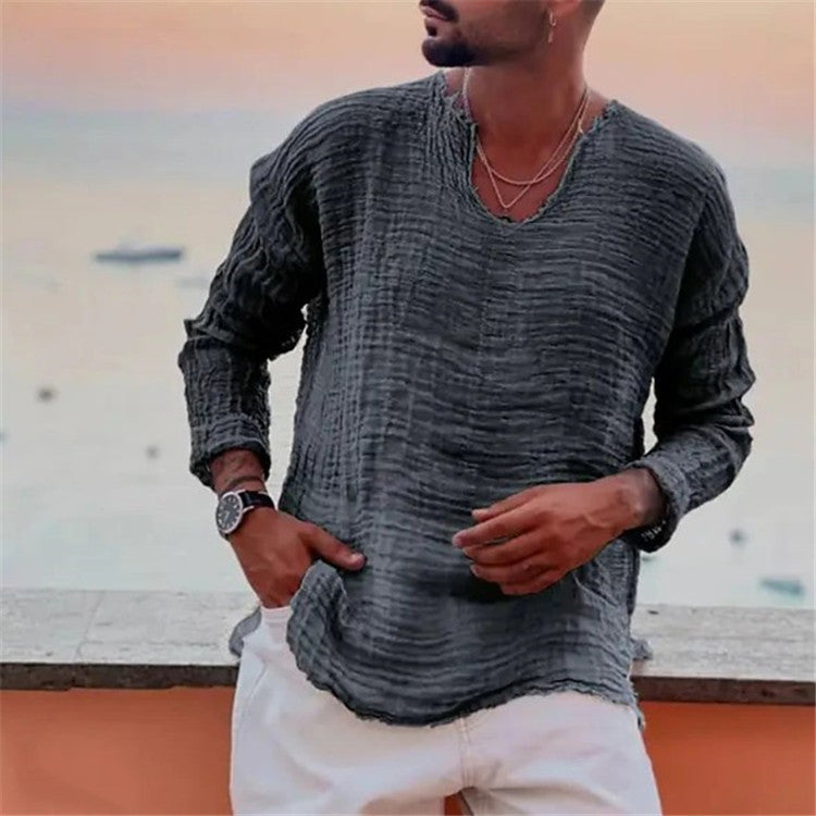 Herren lässiges V-Neck Leinenhemd