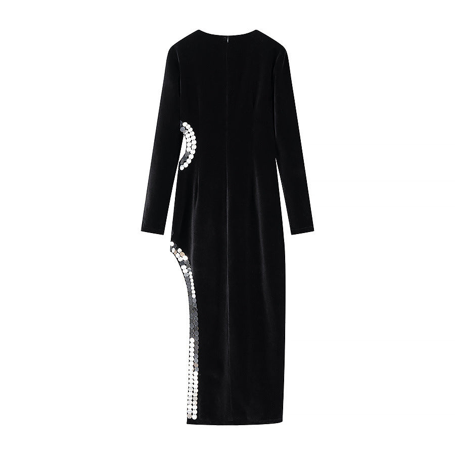 Damen Samt-Maxikleid mit seitlichem Pailletten-Detail Nord Taschen