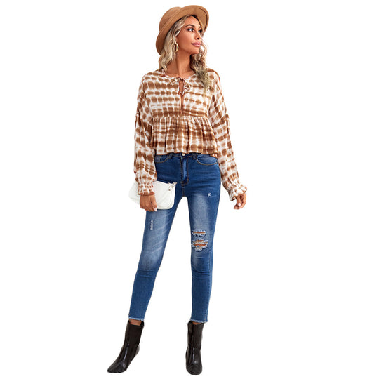 Damen luftiges Peplum-Blusenshirt mit Batikmuster, Kordel‑Neckline und gerafften Ärmeln Nord Taschen