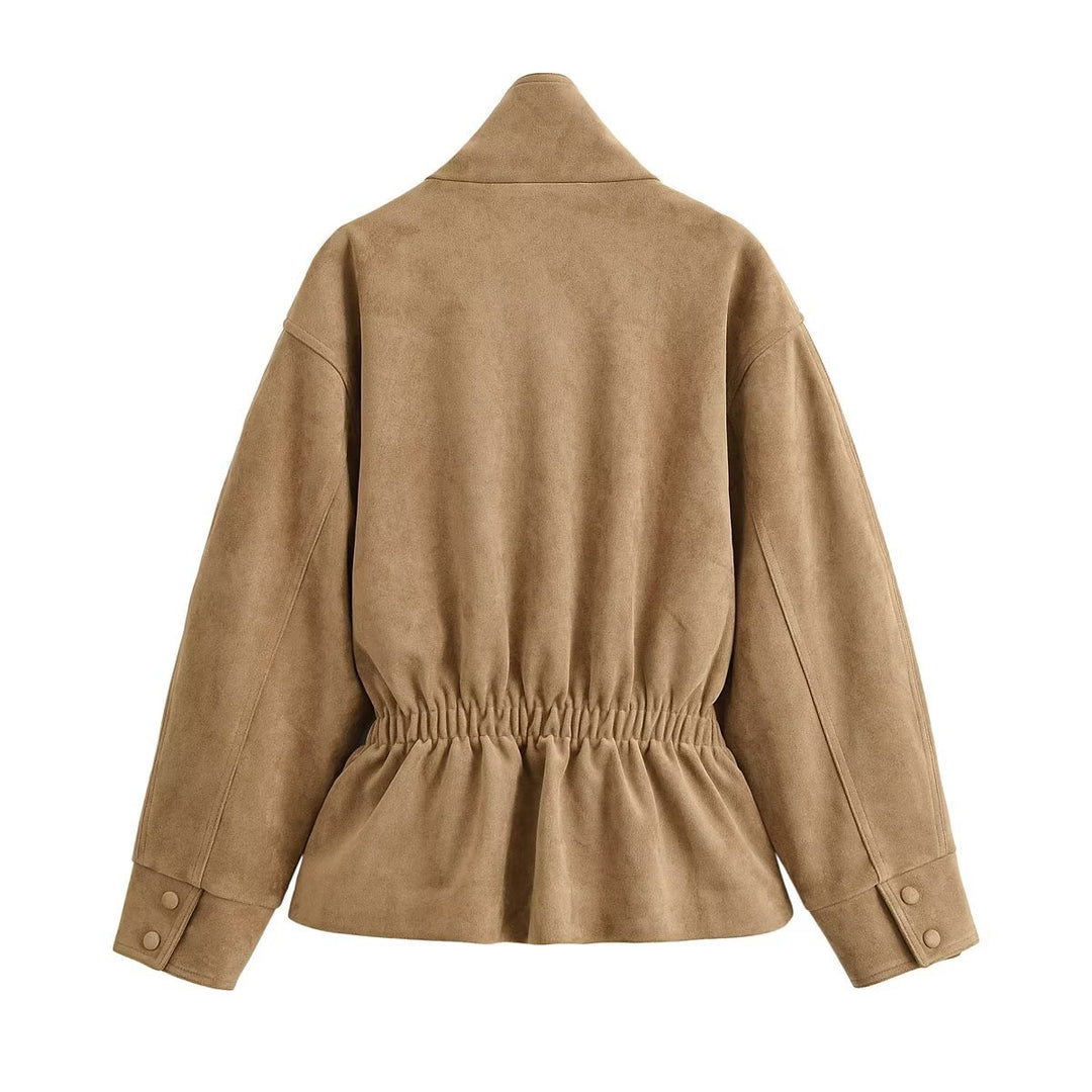 Damen Kurzjacke in Wildleder-Optik mit Stehkragen und Bindegürtel Nord Taschen