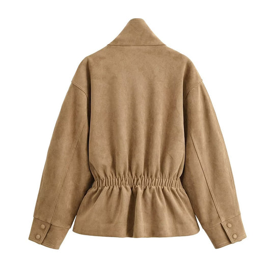Damen Kurzjacke in Wildleder-Optik mit Stehkragen und Bindegürtel Nord Taschen