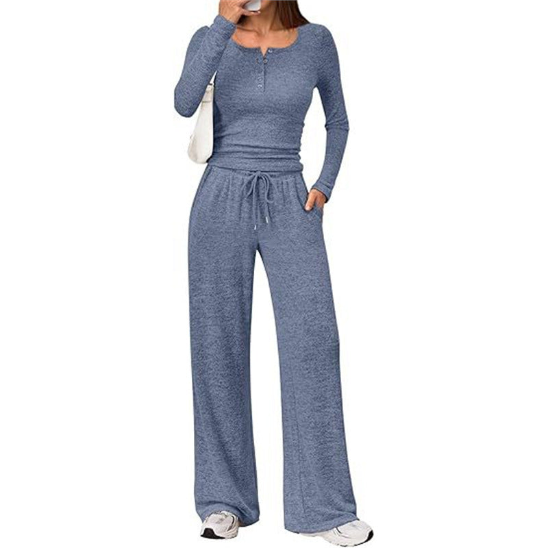 Damen Zweiteiliges Feinstrick-Lounge-Set mit Henley-Top und Palazzo-Hose Nord Taschen