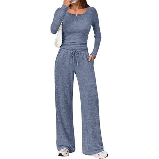 Damen Zweiteiliges Feinstrick-Lounge-Set mit Henley-Top und Palazzo-Hose Nord Taschen