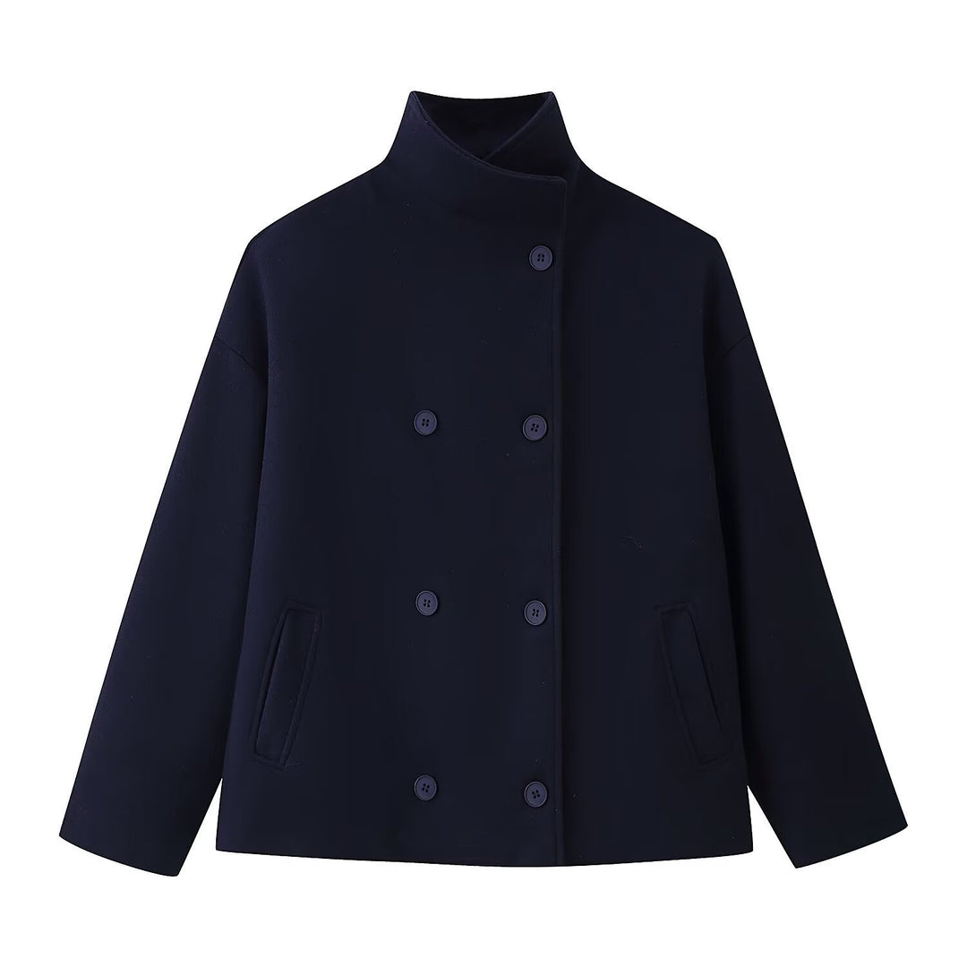 Damen Boxy Wolljacke im Cocoon‑Schnitt mit Stehkragen und doppeltreiher Knopfleiste Nord Taschen