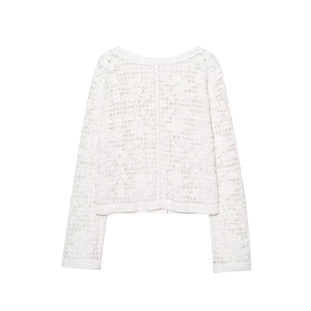 Damen Gehäkelte Kurzjacke im Bouclé‑Look mit Zierknöpfen und aufgesetzten Taschen Nord Taschen
