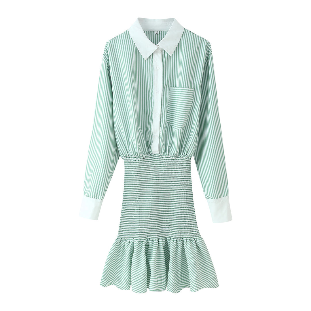 Damen Gestreiftes Hemdblusenkleid mit Taillen-Smokung, Schößchen und Kontrastkragen Nord Taschen