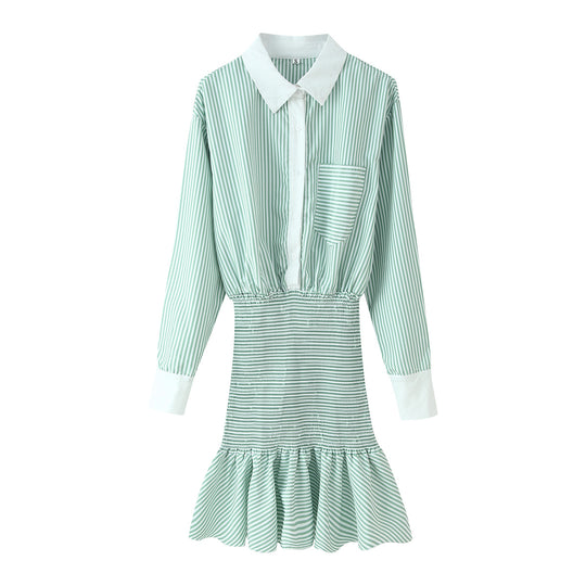 Damen Gestreiftes Hemdblusenkleid mit Taillen-Smokung, Schößchen und Kontrastkragen Nord Taschen