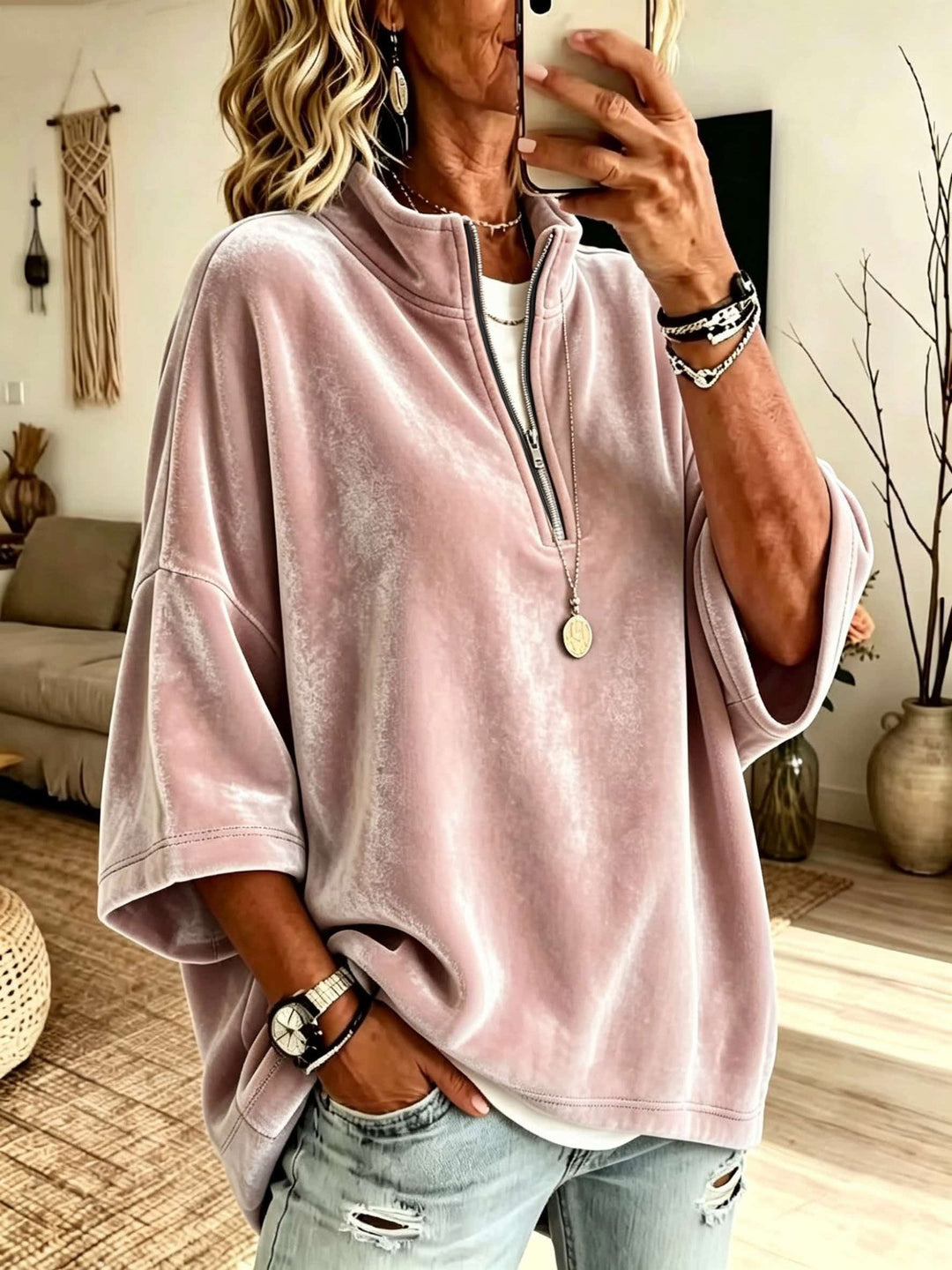 Damen Oversize Samt-Pullover mit kurzem Reißverschluss und Stehkragen Nord Taschen