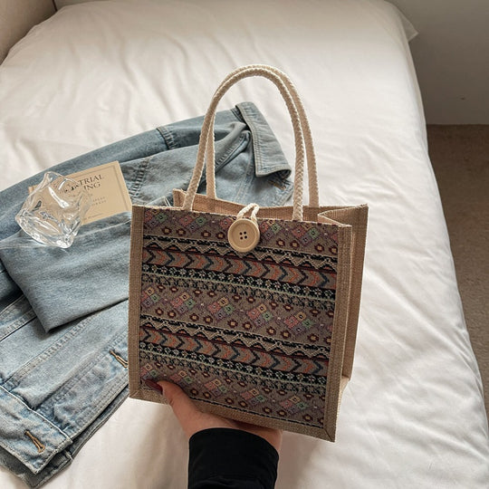 Damen Jute-Tragetasche mit dekorativem Ethno-Muster Nord Taschen