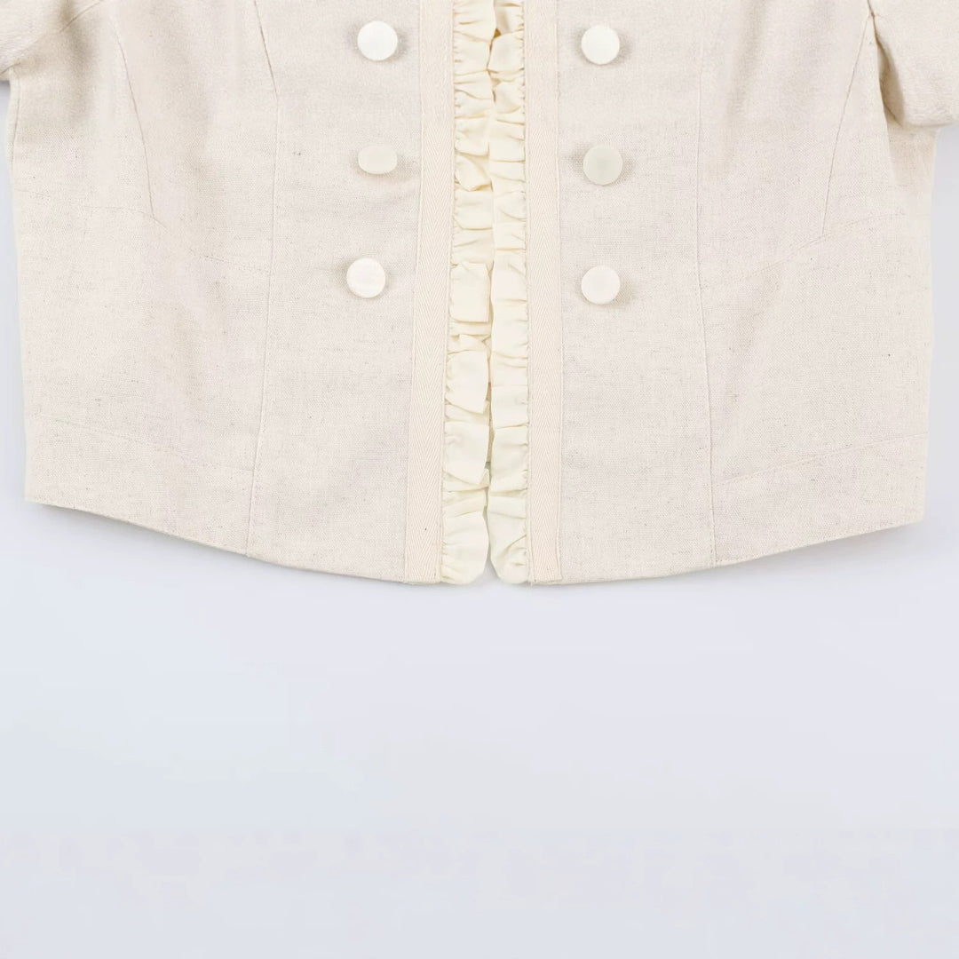 Damen Kurze Leinenoptik‑Jacke mit Rüschenstehkragen und dekorativer Doppelknopfleiste Nord Taschen