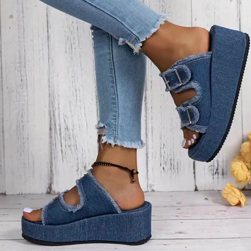 Damen bequeme Plattformsandalen aus Denim mit doppeltem Riemen