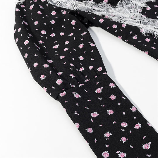 Damen Langärmeliges Maxikleid mit Spitzenborten, tiefem V‑Ausschnitt und floralem Alloverprint Nord Taschen