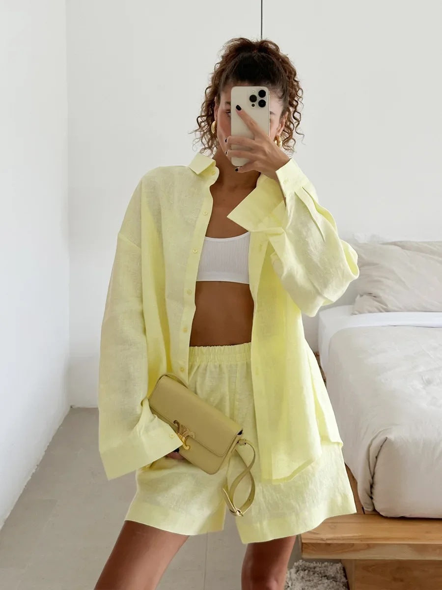 Damen lässiges Leinen Set mit lockerer Bluse und Shorts