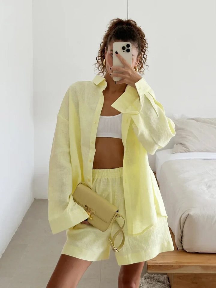 Damen lässiges Leinen Set mit lockerer Bluse und Shorts