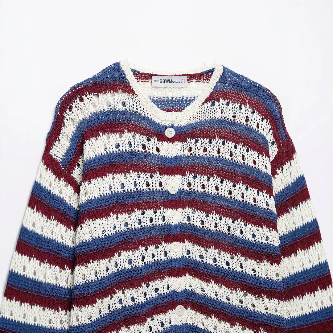 Damen gestrickte Cardigan im Ajour‑Streifenmuster mit Knopfleiste und Rundhalsausschnitt Nord Taschen