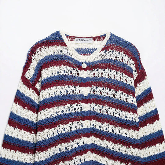 Damen gestrickte Cardigan im Ajour‑Streifenmuster mit Knopfleiste und Rundhalsausschnitt Nord Taschen